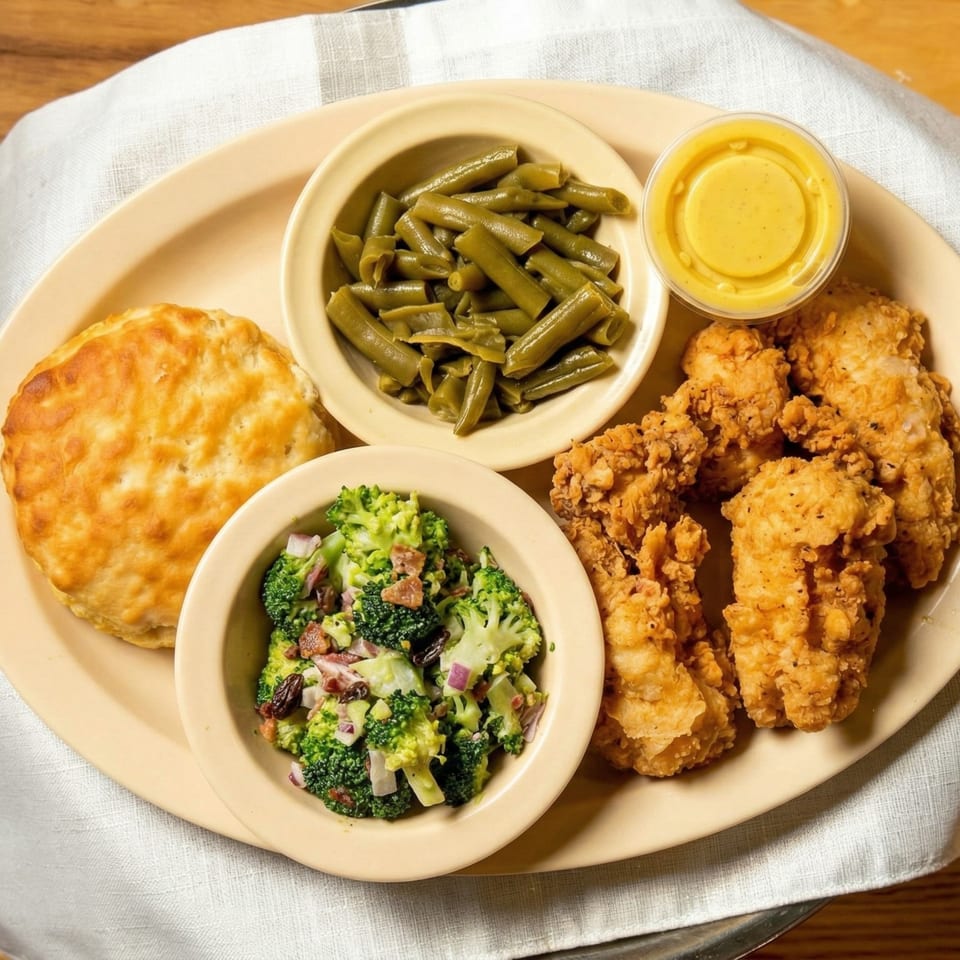 Fried chicken tenders, biscuit, green beans, broccoli salad, and honey mustard on a plate.