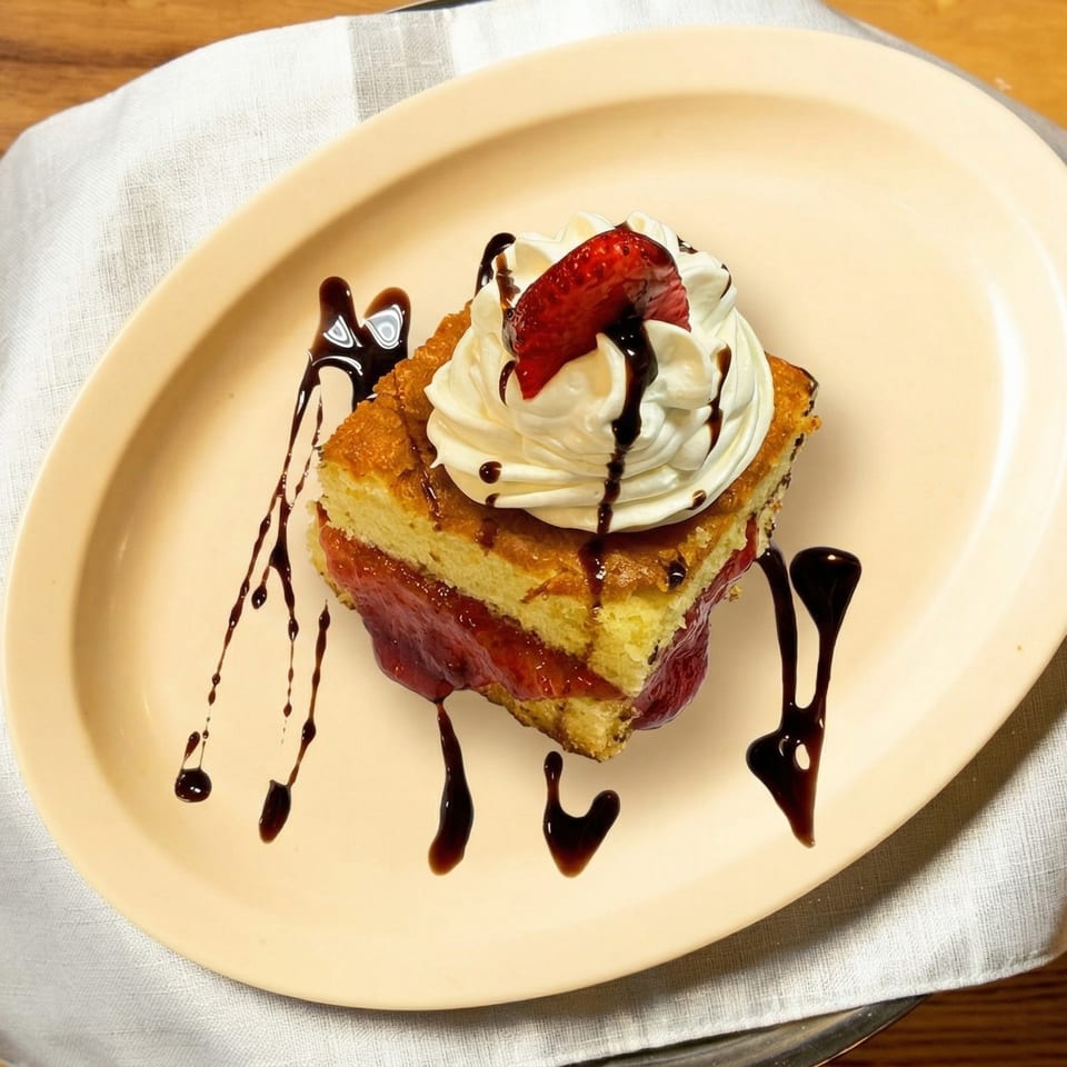 Strawberry shortcake with whipped cream and chocolate drizzle on an oval plate.