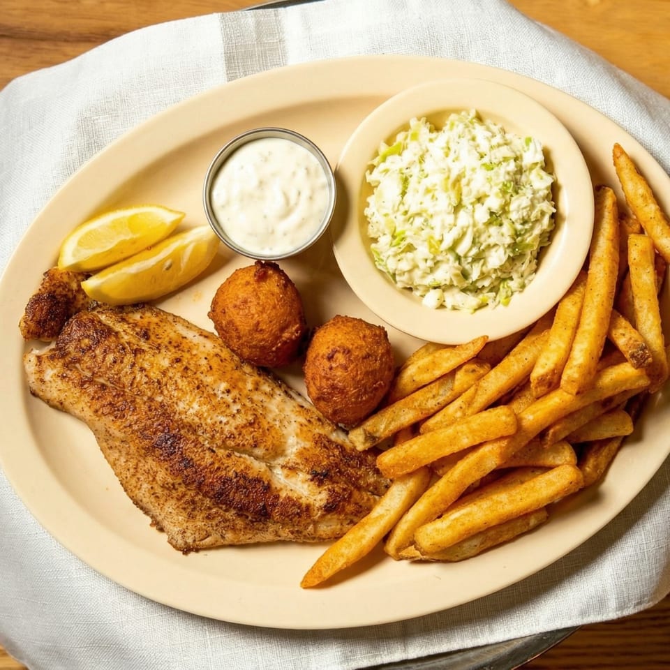 A fried fish platter with fries, coleslaw, hushpuppies, tartar sauce, and lemon wedges.