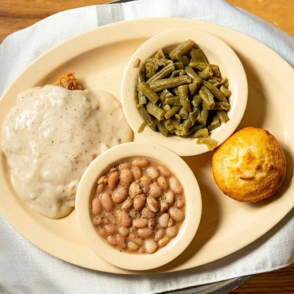 Chicken fried steak with gravy, green beans, pinto beans, and a cornbread muffin on a plate.