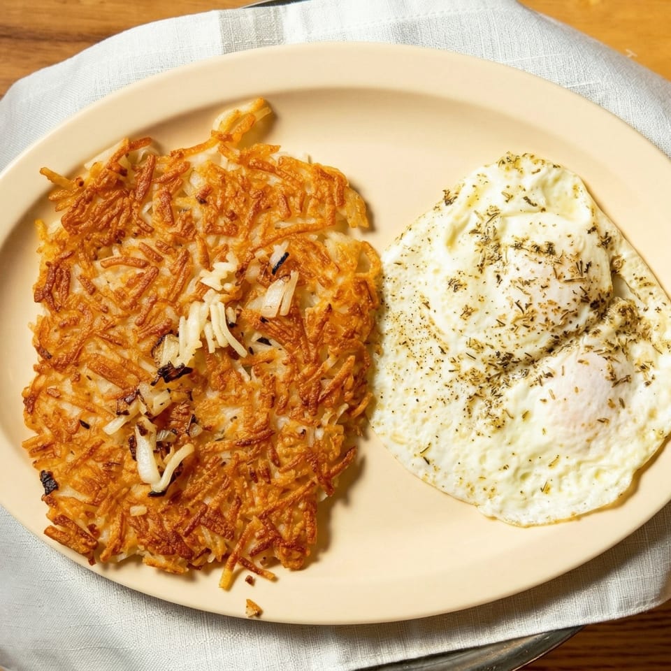 Golden-brown hash browns and two fried eggs seasoned with herbs on a light yellow plate.
